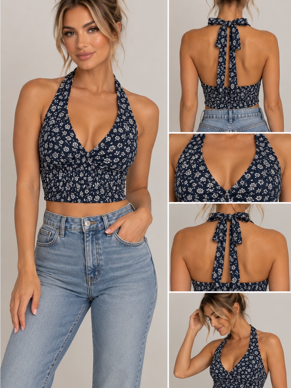 American Eagle Outfitters Navy Floral Halter Smocked Crop Top